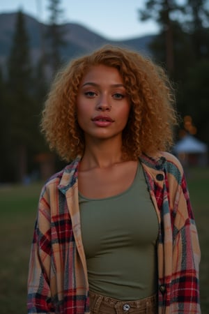 Generate an image of a stunning 18-year-old girl, blending White and Spanish heritage. Olive, goldfish skin tone. She has short, shoulder length, strawberry blonde, ginger, natural, Ed sheerans hair, curly, wavy hair, lush and vibrant, falling in loose waves down her back.

Setting:
- Outdoor: A serene mountain campsite at dusk, mountain view
- Soft, warm lighting with subtle shadows and twinkling string lights
- Tall trees surrounding a cozy clearing, with a crackling campfire and rustic wooden benches
- Camping gear and equipment subtly integrated into the scene

Physical Description:
- Fair skin with a subtle, sun-kissed glow, olive goldish skin tone
- Bright, expressive blue eyes
- Petite, thin,
- Smiling
- slim feminine beautiful exotic facial features 
- regular lips

Outfit:
- Comfortable, od green loose pastel blouse (flannel or fleece)
- Practical hiking leggings
- Warm, cozy cardigan

Style:
-Effortless, coastal chic
- Confident, carefree, innocent pose

Mood:
- Serene, joyful, and radiant
- Capturing the essence of a relaxed summer afternoon
Inspired by singer Tyla's vibrant energy and style, create a breathtaking image that embodies beauty, elegance, and a laid-back coastal vibe.