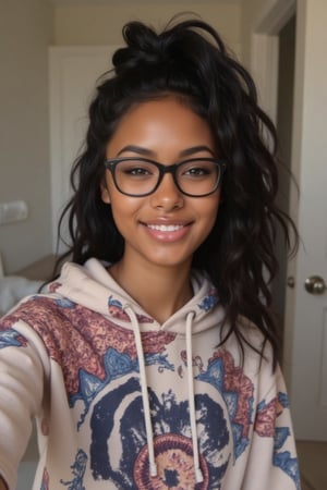 Create a breathtakingly realistic portrait of an 18-year-old mixed-heritage girl, blending South African and Japanese roots:

- Relaxing at home, in her bathroom taking a selfie
- Cinnamon, Mocha brown skin with subtle sheen
- Almond-shaped Asian eyes, full lips, small button nose, small petite nose, braces
- Structured cheekbones, feminine features

*Hair:*

- EXTRA LONG, WAIST-LENGTH DARK HAIR (below the waist)
- LUSH, CURLY LOCKS (tail bone length)
- LONG HAIR, LONG CURLS, FLOWING HAIR
Longer hair, in a pony tail, all hair in pony tail, no hair out

*Physique:*

- Petite, toned (5'3", 125 lbs, 34" waist)
- Proportionate, realistic body

*Outfit:*

- a pearl dope/cool printed pull over hoodie with hope and pull strings
- Matching denim jeans

*Accessories:*

- *PRESCRIPTION GLASSES* (black square framed)
- Glasses, specs, eyewear (emphasize)

*Makeup and Pose:*

- Minimal makeup, natural glow
- Confident pose, bright smile, pearly white teeth

*Essence:*

- American girl, mixed race, beautiful blend
- Captivate her relaxed, carefree spirit

*Quality:*

- Realistic, photo-real, photo-realistic, real-life
- High-resolution, ultra-detailed, photorealistic textures
- Razor-sharp edges, crystal-clear facial features, 

Square Shaped prescription glasses on all generates

Why is it so hard for you to make her hair long? Long hair please