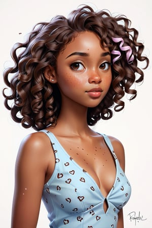 Clean Cartoon-brushstrokes Painting, crisp, simple, colored_lineart_illustration style, 1 woman, (21 years old), melanated female, brown skin, dark skin, milk chocolate girl, type 4 hair, curly hair, realism, right side profile, right side of body, right side of face, profile, whole body facing right side, mugshot, v-neck shirt, cleavage cutout, cleavage, B cup size, small breast, quirky, dimples, innocent, feminine, soft, freckles, whimsical, young, vibrant, adorable, slender/petite body shape, normal size head, head that fits body, high quality, masterpiece ,3D