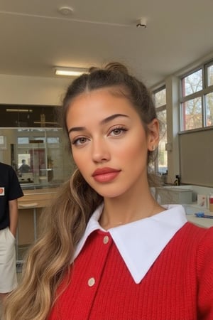 Generate a radiant, hyper-realistic portrait of a stunning teenager at a bright school: - Heart-shaped face with a feminine structured rosy red jawline - Green eyes, fair, olive skin- natural Blonde hair (loose, wavy, curled and vibrant) - Rosy red lips (plump and inviting) - Freckled cheeks (scattered across her nose and upper cheeks) - Button nose (small and adorable) - Almond-shaped eyes (slightly tilted upwards) - Porcelain-like skin with a subtle golden glow - Thick, long, wavy blonde hair, natural blonde (waist-length) in a ponytail - Luscious curls, soft natural texture - Sparkling eyes directly at the camera Physique: - 5'3", 125 lbs, 34" waist, B-cup bust - Proportionate, fit body Outfit: - school uniform, skirt,  Bright red and white - smiling from cheek to cheek, ear to ear, showing off pearly whites. Cute, teenage, normal girl design,green eyes,long wavy hair,Sam,sama, daughter of guy and khai, 