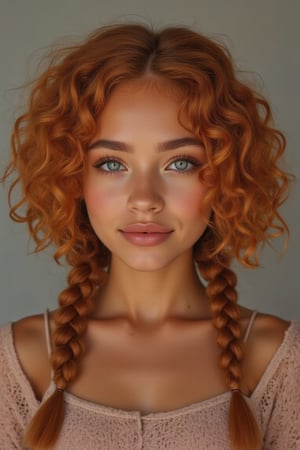 Capture a candid photo of a stunning 18-year-old girl, blending White and Spanish heritage. Olive, goldfish skin tone. Blue eyes, She has short, shoulder length, strawberry blonde, ginger, natural, Ed sheerans hair, curly, wavy hair, lush and vibrant, in two messy braids

*Neutral Expression:*

"Capture a serene, symmetrical portrait of a person:

- Face filling the frame
- Soft, natural light
- Neutral expression
- Eyes looking directly at the camera
- Subtle, relaxed smile"