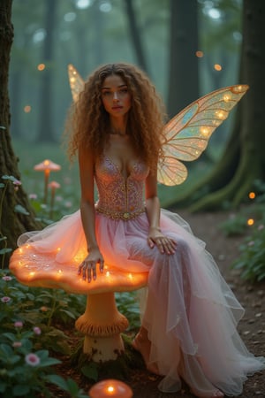 Capture a candid photo of a stunning 18-year-old girl, year-old petite teenager, young, youth, child, kid, blending Black and Spanish heritage. Golden brown skin. She has fluffy curly brown hair, Type 4 hair, lush and vibrant, long curly hair, middle part

A delicate, moonlit fairy perches on a glowing mushroom, amidst an enchanted forest. Her iridescent wings shimmer softly, reflecting hues of lavender, blue, and green. Her porcelain skin glows with an ethereal light, illuminated by fireflies dancing around her.

Attire:

- Intricate, flower-petal dress, with delicate vines and sparkling dew
- Slender, gemstone-encrusted circlet around her forehead
- Hair flowing like honey-gold silk, with subtle, shimmering highlights

Setting:

- Whispering woods, with ancient trees, twinkling fireflies, and misty shadows
- Glowing mushrooms and soft, luminescent flowers surround her
- Hidden pathway behind her, winding into the mystical forest

Intricate details:

- Delicate, sparkling dust trails her movements
- Tiny, shimmering creatures (e.g., sprites, pixies) flit around her
- Ancient, gnarled tree roots form a natural throne beneath her

Artistic style:

- Inspired by fantasy, mythology, and whimsical illustration
- Hyperrealistic, ultra-detailed, and luminous, with subtle texture
- Cinematic quality, sharp focus, and crystal clarity

Mood:

- Enchanting, mystical, and dreamy, with a touch of wonder