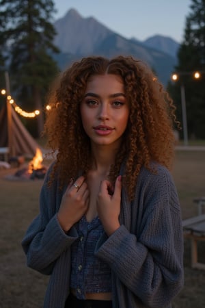 Generate an image of a stunning 18-year-old petite teenager, young, youth, child, kid, blending Black and Spanish heritage. She has fluffy curly golden brown hair, Type 4 hair, lush and vibrant, falling in loose waves down her back.

Setting:
- Outdoor: A serene mountain campsite at dusk, mountain view
- Soft, warm lighting with subtle shadows and twinkling string lights
- Tall trees surrounding a cozy clearing, with a crackling campfire and rustic wooden benches
- Camping gear and equipment subtly integrated into the scene

Physical Description:
- Fair skin with a subtle, sun-kissed glow
- Bright, expressive hazel eyes

Outfit:
- Comfortable, blue water-toned top (flannel or fleece)
- Practical leggings
- Warm, cozy cardigan 
- Sturdy hiking boots

Style:
-Effortless, coastal chic
- Confident, carefree, innocent pose

Mood:
- Serene, joyful, and radiant
- Capturing the essence of a relaxed summer afternoon
Inspired by singer Tyla's vibrant energy and style, create a breathtaking image that embodies beauty, elegance, and a laid-back coastal vibe.