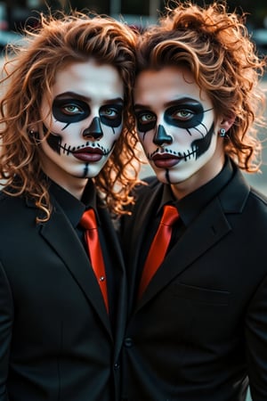 a close-up of two twin American males, white sclera, natural blonde curly curly hair, blonde hair, green eyes, emerald green eyes, skull makeup, black lipstick, muscular, toned males, abs, nose and eye brow piercing, black suit, red tie, horror_theme, posing, outdoors, night, scenery, a photorealistic, 8K, ultra-detailed, best quality, super fine illustration, detailed light, realistic lighting, symmetrical face paint, white and black,Handsome,smiling, mid long hair blonde,giaro,model, twins, two guys, standing side by side or one is above the other.