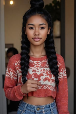 Here's the rewritten prompt in words:

"Create a stunning portrait of an 18-year-old mixed-heritage girl, blending South African and Japanese roots:

- Chilling, hanging out at home, in a coffee shop with her laptop
- Cinnamon, Mocca brown skin with subtle sheen
- Almond-shaped asian eyes, full lips, small button nose, small petite nose, braces, 
- Structured cheek bones, feminine features, 
- Long straight hair in two braids, all hair in braids, light hair out on the side
- Petite, toned physique (5'3", 125 lbs, 34" waist) head fits body, realistic body
- Asian swag, baggy clothes, red and white sweater, blue baggy pants
- Minimal makeup, natural glow
- Confident pose, bright smile, pearly white teeth

Capture her essence: American girl, mixed race, beautiful blend."

Realistic, photo real, photo realistic, real, braid_dutch