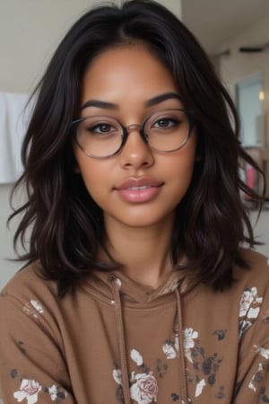 Create a breathtakingly realistic portrait of an 18-year-old mixed-heritage girl, blending South African and Japanese roots:

- Relaxing at home, in her bathroom taking a selfie
- Cinnamon, Mocha brown skin with subtle sheen
- Almond-shaped Asian eyes, full lips, small button nose, braces
- Structured cheekbones, feminine features

*Hair:*

- EXTRA LONG, WAIST-LENGTH DARK HAIR (below the waist)
- LUSH, CURLY LOCKS (tail bone length)
- LONG HAIR, LONG CURLS, FLOWING HAIR
Longer hair, down her back, touching her tail bone

*Physique:*

- Petite, toned (5'3", 125 lbs, 34" waist)
- Proportionate, realistic body

*Outfit:*

- brown dope/cool printed pull over hoodie with hope and pull strings
- Matching denim jeans

*Accessories:*

- *PRESCRIPTION GLASSES* (black square framed)
- Glasses, specs, eyewear (emphasize)

*Makeup and Pose:*

- Minimal makeup, natural glow
- Confident pose, bright smile, pearly white teeth

*Essence:*

- American girl, mixed race, beautiful blend
- Captivate her relaxed, carefree spirit

*Quality:*

- Realistic, photo-real, photo-realistic, real-life
- High-resolution, ultra-detailed, photorealistic textures
- Razor-sharp edges, crystal-clear facial features, 

Square Shaped prescription glasses on all generates

Why is it so hard for you to make her hair long? Long hair please