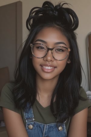 Here's the rewritten prompt in words:

"Create a stunning portrait of an 18-year-old mixed-heritage girl, blending South African and Japanese roots:

- Chilling, hanging out at home, in a coffee shop with her laptop
- Cinnamon, Mocca brown skin with subtle sheen
- Almond-shaped asian eyes, full lips, small button nose, small petite nose, braces, 
- Structured cheek bones, feminine features, 
- Long wavy hair
- hot nerd with Glasses and braces
- Petite, toned physique (5'3", 125 lbs, 34" waist) head fits body, realistic body
- Asian swag, baggy clothes, od green shirt with a denim jean jacket
- Minimal makeup, natural glow
- Confident pose, bright smile, pearly white teeth

Capture her essence: American girl, mixed race, beautiful blend."

Realistic, photo real, photo realistic, real, braid_dutch