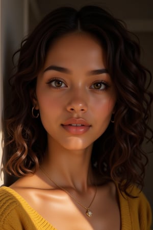 Capture Generate an image of a stunning 18-year-old girl, young girl, blending South african and Japanese heritage, darker skin but more Asian face. She has long solid brown curly hair, masterpiece, 8k, 3D, best quality, photography, analog style, real life, extremely beautiful, (highly detailed, intricately detailed), (highly detailed skin), (alluring brown eyes), photorealistic (1 woman), Neutral Expression:* "Capture a serene, symmetrical portrait of a person: - Face filling the frame - Soft, natural light - smiling, lips together, grinding subtly - eyes are smiling, Eyes looking directly at the camera - " -Necklace  - A *random* color knitted sweater Natural lighting