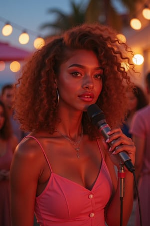 (best quality, masterpiece, ultra detailed, 8K, RAW photo), a hyper realistic image of a beautiful student model singing earnestly with a microphone in front of many freinds at a party on a gorgeous terrace, in expressive pale pink dress chignon, lipgloss, singing, singing in mic, glittery brown eyeliner, jewelery, glowing jewelries, gorgeous gold necklace, night view, against glow lighting, fantasy style, soft brush strokes, vibrant colors, delicate features, Halloween vibes, colorful

Capture a candid photo of a stunning 18-year-old girl, year-old petite teenager, young, youth, child, kid, blending Black and Spanish heritage. She has fluffy curly brown hair, Type 4 hair, lush and vibrant, long curly hair, middle part. *Softened Square Features:* 1. "Strong, yet delicate square jawline." 2. "Angular features softened by gentle curves." 3. "Square head shape with rounded edges." 4. "Feminine square face with subtle, refined lines." Describe a stunning golden brown girl with: - Curly, golden brown hair, dark brown hair- Bright hazel eyes - button nose - Full, heart-shaped lips - Warm, radiant complexion" *Figure*-Average 5’3”, 115lbs,- "High-res" - "Ultra-detailed" - "Photorealistic" - "Sharp focus" - "Crystal clarity" - "Cinematic quality"