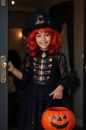 Create a stunning portrait of an 18-year-old mixed-heritage girl, blending South African and Japanese roots, 

A smiling little girl, dressed as a sparkly witch, stands confidently at the doorstep, clutching a pumpkin-shaped candy bucket and grinning mischievously. Her bright orange wig contrasts with her tiny black dress, adorned with glittering stars and a miniature broomstick. As she knocks, her big brown eyes shine with excitement, anticipating the treats to come. The door creaks open, revealing a spooky interior, but her infectious grin illuminates the darkness. 'Trick or treat!' she exclaims, her voice dripping with enthusiasm."