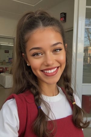 Generate a radiant, hyper-realistic portrait of a stunning teenager at a bright school: - Heart-shaped face with a feminine structured rosy red jawline - brown eyes, golden, brown, caramel rich skin- long wavy hair (loose, wavy, curled and vibrant) - Rosy red lips (plump and inviting) - Freckled cheeks (scattered across her nose and upper cheeks) - Button nose (small and adorable) - Almond-shaped eyes (slightly tilted upwards) - Porcelain-like skin with a subtle golden glow - Thick, long, wavy hair (waist-length) in a ponytail - Luscious curls, soft natural texture - Sparkling eyes directly at the camera Physique: - 5'3", 125 lbs, 34" waist, B-cup bust - Proportionate, fit body Outfit: - school uniform, skirt,  Bright burgundy and white - smiling from cheek to cheek, ear to ear, showing off pearly whites. Cute, teenage, normal girl design,green eyes,long wavy hair,Sam,sama, daughter of guy and khai, 