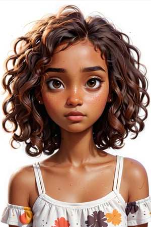 Clean Cartoon-brushstrokes Painting, crisp, simple, colored_lineart_illustration style, 1 woman, sad, (21 years old), real, realistic, realism, melanated female, brown skin, dark skin, cinnamon brown skin, Indian girl, type 4 hair, dark brown hair, brown on brown hair, curly hair, shoulder length hair, freckles on face only, beautiful, quirky, dimples, feminine, soft, whimsical, happy, young, vibrant, adorable, slender/petite body shape, normal size head, head that fits body, high quality, masterpiece ,3D