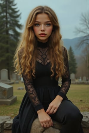 Capture a candid photo of a stunning 18-year-old girl, year-old petite teenager, young, youth, child, kid, blending white and Spanish heritage. She has long blonde wavy hair, Skin- fair, olive, green eyes, lush and vibrant, long curly hair 

In the depths of a forsaken, rural cemetery, two mysterious young vampire girls with raven-black hair and piercing, crimson-rimmed eyes sits atop a weathered tombstone, her slender fingers tracing the epitaph of a long-forgotten soul. Adorned in a tattered, black Victorian dress that falls above her knees, she gazes down at the freshly disturbed earth before her, where a withered hand breaks through the soil, as if summoned by her dark presence. The overcast sky casts an eerie, silver glow upon her porcelain skin, illuminating the intricate, gothic lace that adorns her neck and wrists. A subtle, mischievous smile plays on her lips as she contemplates the ancient power stirring beneath her. The air is heavy with the scent of damp earth and decay, and the trees seem to lean in, as if witnessing the awakening of a centuries-old evil."
,blue eyes,Amyra,American girl,mixed race