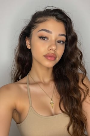 A beautiful young 16-20 years old blue eyed, fair/olive brown skin, golden brown skin, mixed american black and Japanese heritage girl with deep brown eyes and thick long curly hair, asian eyes, pointy eyes, full lips. girl taking an instagram/Pinterest selfie in her room at her home, a very elegant girl wearing beige with a white backdrop of her home, sexy yet innocent, solid brown hair

iPhone Photography,long hair,iPhone Photography,wavy hair,iPhone Photography,Blasian,iPhone Photography,American girl