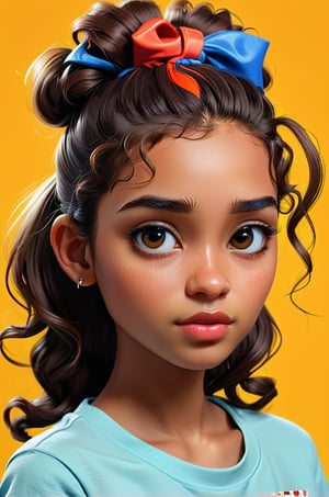 Clean Cartoon-brushstrokes Painting, crisp, simple, colored_lineart_illustration style, 1 woman, straight face., Instagram model, (21 years old), real, realistic, realism, Puerto Rican female, boricua, from the Bronx, hazel eyes, brown skin, dark skin, mixed girl, Spanish girl, hazel eyes, type 3 hair, dark brown hair, curly hair, long hair, ponytail,  no make up, tom boy, dimples, rough, gay, lesbian, happy, young, vibrant, adorable, slender/petite body shape, normal size head, head that fits body, high quality, masterpiece ,3D