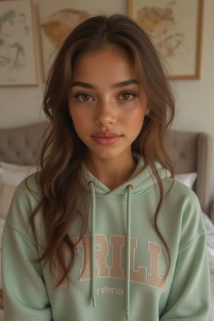 Generate a radiant, hyper-realistic portrait of a stunning teenager:

- Blended Black, Spanish, and White American heritage
- in her cozy bedroom, sitting on a chair or on her bed, 
- Heart-shaped face, golden brown skin with a subtle tan
- Bright brown eyes, deep dimples, confident smile
- Pearly whites, small heart-shaped lips
- Thick, long, wavy hair (waist-length) in a ponytail
- Luscious curls, soft natural texture
- Sparkling eyes directly at the camera

Physique:
- 5'3", 125 lbs, 34" waist, B-cup bust
- Proportionate, fit body

Outfit:
- A Pastel Green TRILL hoodie with a cool print on it, light blue denim jeans
- Cute, teenage, normal girl design

Lighting:
- Soft, natural illumination

Quality:
- 16K equivalent resolution
- Photorealistic textures
- Razor-sharp edges
- Crystal-clear facial features
- Pin-sharp eyes
- Flawless skin rendering
- Advanced noise reduction
- HDR-like contrast
- Vibrant, lifelike colors
- Perfect focus, zero blur

Style: Ultra-realistic, cinematic, high-definition, masterpiece.

Additional keywords:
- High-res
- Ultra-detailed
- Photorealistic
- Sharp focus
- Crystal clarity
- Cinematic quality
- Radiant
- Glowing
- Luminous
- Highly detailed skin
- Intricately detailed hair"