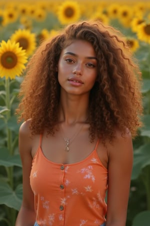 Generate a candid, stunning photo of an 18-year-old girl:

- Blending Black and Spanish heritage
- Fluffy curly brown hair (Type 4), lush and vibrant, long curly hair, middle part

Setting:

- Outside in a garden or park
- Sitting amidst sunflowers and grass
- Warm, natural lighting

Pose:

- Sitting with legs crossed or stretched out
- Leaning against a tree or sunflower
- Lying down in the grass, laughing

Expression:

- Sultry: intense gaze, parted lips
- Playful: giggling, hair toss
- Quirky: duck face, tongue-out

Outfit:

- Tie-dye romper, sneakers, layered necklaces
- Cropped denim jacket, white tee, high-waisted distressed shorts
- Floral maxi dress, sandals, statement earrings

Figure:

- Petite, 5’3”, 125lbs
- Average build

Style:

- Instagram-inspired, casual-chic
- Soft focus, warm filters, natural texture overlays