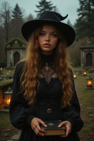 Capture a candid photo of a stunning 18-year-old girl, year-old petite teenager, young, youth, child, kid, blending white and Spanish heritage. She has long blonde wavy hair, Skin- fair, olive, green eyes, lush and vibrant, long curly hair

A mysterious witch, shrouded in darkness, stands amidst a crumbling, moonlit cemetery. Her long, raven-black hair billows in the wind, with subtle, glowing embers woven into the strands. Her porcelain skin glows softly, illuminated by the faint light of lanterns scattered around her.

Attire:

- Tattered, black Victorian-era gown, with intricate lace and mysterious symbols
- A pointed hat casts a dramatic shadow over her face
- Glittering, gemstone-encrusted brooch at her throat, pulsing with an otherworldly energy

Setting:

- Forgotten, rural cemetery, with overgrown grass and vines claiming the gravestones
- Crumbling mausoleums loom in the background, their doors slightly ajar
- Flickering candles and lanterns cast eerie shadows on the ground

Intricate details:

- Delicate, swirling mist around her feet, as if the earth itself is responding to her presence
- Ancient, leather-bound tome lies open at her feet, its pages fluttering in the wind
- Tiny, glowing orbs float around her, like fireflies drawn to her magic

Artistic style:

- Inspired by dark fantasy and Gothic horror
- Hyperrealistic, ultra-detailed, and luminous, with film grain texture
- Cinematic quality, sharp focus, and crystal clarity

Mood:

- Ominous, mystical, and enchanting, with a touch of supernatural power