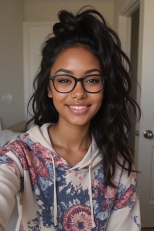 Create a breathtakingly realistic portrait of an 18-year-old mixed-heritage girl, blending South African and Japanese roots:

- Relaxing at home, in her bathroom taking a selfie
- Cinnamon, Mocha brown skin with subtle sheen
- Almond-shaped Asian eyes, full lips, small button nose, small petite nose, braces
- Structured cheekbones, feminine features

*Hair:*

- EXTRA LONG, WAIST-LENGTH DARK HAIR (below the waist)
- LUSH, CURLY LOCKS (tail bone length)
- LONG HAIR, LONG CURLS, FLOWING HAIR
Longer hair, in a pony tail, all hair in pony tail, no hair out

*Physique:*

- Petite, toned (5'3", 125 lbs, 34" waist)
- Proportionate, realistic body

*Outfit:*

- a cute girly dope/cool printed pull over hoodie with hope and pull strings
- Matching denim jeans

*Accessories:*

- *PRESCRIPTION GLASSES* (black square framed)
- Glasses, specs, eyewear (emphasize)

*Makeup and Pose:*

- Minimal makeup, natural glow
- Confident pose, bright smile, pearly white teeth

*Essence:*

- American girl, mixed race, beautiful blend
- Captivate her relaxed, carefree spirit

*Quality:*

- Realistic, photo-real, photo-realistic, real-life
- High-resolution, ultra-detailed, photorealistic textures
- Razor-sharp edges, crystal-clear facial features, 

Square Shaped prescription glasses on all generates

Why is it so hard for you to make her hair long? Long hair please