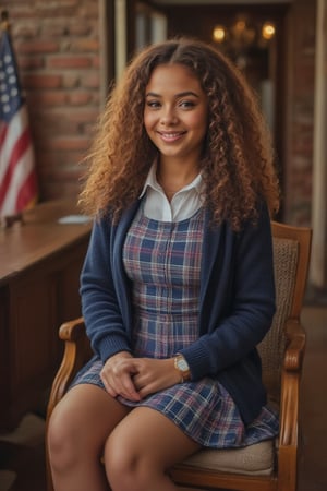 Capture a candid photo of a stunning 18-year-old girl, year-old petite teenager, young, youth, child, kid, blending Black and Spanish heritage. She has fluffy curly brown hair, Type 4 hair, lush and vibrant, long curly hair, middle part. 

"Describe a private school girl in a traditional uniform:

Wearing a:
- White  blouse with a conservative collar
- Blue with red and white jumper Plaid or pleated skirt ( just above knee or shorter, not too short*)
- Navy blue or dark-colored blazer or cardigan
- White socks and black shoes (loafers or Mary Janes)

Pose:
- Sitting with hands clasped or holding a graduation hat or diploma
- Soft, gentle smile, with or without teeth 

Background:
- A warm, American flag, full brick background

Include details:
- Neat, stylish hairstyle (e.g., ponytail, loose hair)
- Minimal jewelry (e.g., simple watch, classic earrings, necklace)
- Innocent, yet captivating expression

Convey a sense of:
- Polished elegance
- Youthful charm
- Intelligent, confident demeanor"

To add subtle appeal without revealing skin:
- Emphasize the uniform's fitted silhouette
- Highlight the subject's bright, expressive eyes
- Capture a soft, natural light illuminating the scene