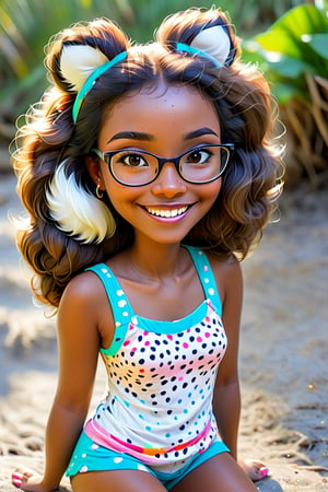 Clean Cartoon-brushstrokes Painting, 1 woman with koala ears, mashup, morph, morphing, and a tail (21 years old), melanated female, brown skin, dark skin, type 4 hair, curly hair, realism, beach, sitting on an island, self_shot, fully clothed, beautiful, quirky, glasses, smiling, with teeth, dimples, feminine, soft, freckles, whimsical, happy, young, vibrant, adorable, tank top, slender/petite body shape, normal size head, head that fits body, pajama shorts, high quality, masterpiece ,3D,fox tail