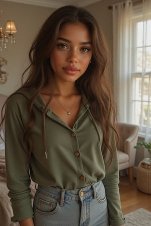 Generate a radiant, hyper-realistic portrait of a stunning teenager:

- Blended Black, Spanish, and White American heritage
- Standing in her cozy bedroom, sitting on a chair
- Heart-shaped face, golden brown skin with a subtle tan
- Bright brown eyes, deep dimples, confident smile
- Pearly whites, small heart-shaped lips
- Thick, long, wavy hair (waist-length) in a ponytail
- Luscious curls, soft natural texture
- Sparkling eyes directly at the camera

Physique:
- 5'3", 125 lbs, 34" waist, B-cup bust
- Proportionate, fit body

Outfit:
- A od green hoodie with a cool print on it, light blue denim jeans
- Cute, teenage, normal girl design

Lighting:
- Soft, natural illumination

Quality:
- 16K equivalent resolution
- Photorealistic textures
- Razor-sharp edges
- Crystal-clear facial features
- Pin-sharp eyes
- Flawless skin rendering
- Advanced noise reduction
- HDR-like contrast
- Vibrant, lifelike colors
- Perfect focus, zero blur

Style: Ultra-realistic, cinematic, high-definition, masterpiece.

Additional keywords:
- High-res
- Ultra-detailed
- Photorealistic
- Sharp focus
- Crystal clarity
- Cinematic quality
- Radiant
- Glowing
- Luminous
- Highly detailed skin
- Intricately detailed hair"