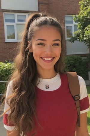 Generate a radiant, hyper-realistic portrait of a stunning teenager at a bright school: - Heart-shaped face with a feminine structured rosy red jawline - brown eyes, golden, brown, caramel rich skin- long wavy hair (loose, wavy, curled and vibrant) - Rosy red lips (plump and inviting) - Freckled cheeks (scattered across her nose and upper cheeks) - Button nose (small and adorable) - Almond-shaped eyes (slightly tilted upwards) - Porcelain-like skin with a subtle golden glow - Thick, long, wavy hair (waist-length) in a ponytail - Luscious curls, soft natural texture - Sparkling eyes directly at the camera Physique: - 5'3", 125 lbs, 34" waist, B-cup bust - Proportionate, fit body Outfit: - school uniform, skirt,  Bright burgundy and white - smiling from cheek to cheek, ear to ear, showing off pearly whites. Cute, teenage, normal girl design,green eyes,long wavy hair,Sam,sama, daughter of guy and khai,hazel eyes,Ariya,deep dimples,golden brown skin,long hair