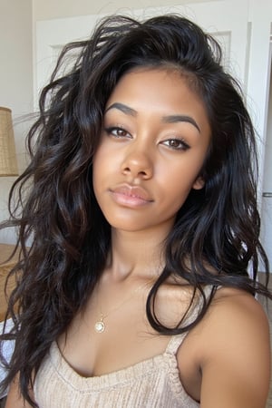 A beautiful young 16-20 years old blue eyed, fair/olive brown skin, golden brown skin, mixed american black and Japanese heritage girl with deep brown eyes and thick long curly hair, asian eyes, pointy eyes, full lips. girl taking an instagram/Pinterest selfie in her room at her home, a very elegant girl wearing beige with a white backdrop of her home, sexy yet innocent, solid brown hair

iPhone Photography,long hair,iPhone Photography,wavy hair,iPhone Photography,Blasian,iPhone Photography,American girl