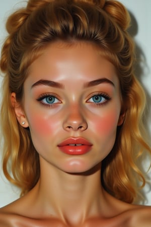 *Physical Description:*
- Heart-shaped face with a feminine structured rosy red jawline
- Green eyes (inspired by Lucille Ball's signature gaze)
- Blonde hair (loose, curly, and vibrant)
- Rosy red lips (plump and inviting)
- Freckled cheeks (scattered across her nose and upper cheeks)
- Button nose (small and adorable)
- Almond-shaped eyes (slightly tilted upwards)
- Porcelain-like skin with a subtle golden glow

*Inspiration:* Young Lucille Ball, with a modern twist

*Personality:*
- Bubbly and charming, with a quick wit
- Confident and determined, with a hint of vulnerability
- Passionate about her heritage and family
- Loves comedy, music, and dance
- Values loyalty and honesty above all else

*Style:*
- Classic elegance with a touch of Spanish flair
- Favorites: flowy dresses, bold jewelry, and bright colors
- Hair often styled in loose waves or sleek up-dos