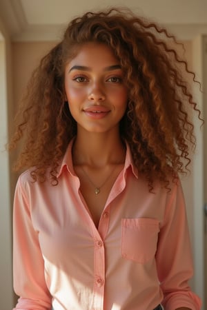 Capture a candid photo of a stunning 18-year-old girl, year-old petite teenager, young, youth, child, kid, blending Black and Spanish heritage. She has fluffy curly brown hair, Type 4 hair, lush and vibrant, long curly hair, middle part. taking a selfie in a public restroom mirror.

*Setting:*
- Natural light (near a window or outside)
- Soft, pastel-colored background (optional)
- Minimal distractions
- conservative area, with American flags

*Pose:*
- Relaxed, slight smile
- Chin slightly tilted up
- Shoulders back, confident posture
- Hair styled naturally

*Expression:*
- Genuine, warm smile
- Sparkling eyes
- Subtle, natural makeup (optional)

*Style Influences:*
- Soft focus or subtle filter
- Natural colors and lighting
- Authentic, effortless vibe

*Outfit*
- pastel pink button shirt

*Capture:*
- A moment of self-love and confidence
- A glimpse of your personality
- A beautiful, genuine smile

*Figure*
-Average
5’3”, 115lbs