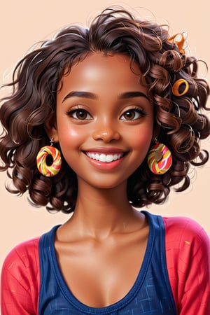 Clean Cartoon-brushstrokes Painting, crisp, simple, colored_lineart_illustration style, 1 woman, smiling, instagram model, (21 years old), real, realistic, realism, melanated female, brown skin, dark skin, cinnamon brown skin, black girl, type 4 hair, dark brown hair, brown on brown hair, curly hair, short hair, almond shaped eyes, more feminine mouth, small mouth, v shaped smile, small teeth, over bite, plump lips, beautiful, quirky, dimples, feminine, soft, whimsical, happy, young, vibrant, adorable, slender/petite body shape, normal size head, head that fits body, high quality, masterpiece ,3D