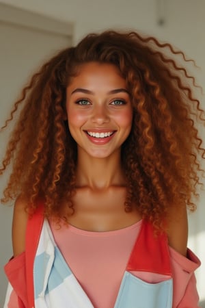 Capture a candid photo of a stunning 18-year-old girl, year-old petite teenager, young, youth, child, kid, blending Black and Spanish heritage. She has fluffy curly brown hair, Type 4 hair, lush and vibrant, long curly hair, middle part. *Softened Square Features:* 1. "Strong, yet delicate square jawline." 2. "Angular features softened by gentle curves." 3. "Square head shape with rounded edges." 4. "Feminine square face with subtle, refined lines." Describe a stunning golden brown girl with: - Curly, golden brown hair - Bright hazel eyes - button nose - Full, heart-shaped lips - Warm, radiant complexion" *Setting:* - Natural light (near a window or outside) - Soft, pastel-colored background (optional) - Minimal distractions *Pose:* - Relaxed, slight smile - Chin slightly tilted up - Shoulders back, confident posture - Hair styled naturally *Expression:* - Genuine, warm smile - Sparkling eyes - Subtle, natural makeup (optional) *Outfit* -  a white and red pill over hoodie *Style Influences:* - Soft focus or subtle filter - Natural colors and lighting - Authentic, effortless vibe *Capture:* - A moment of self-love and confidence - A glimpse of your personality - A beautiful, genuine smile *Figure*-Average 5’3”, 115lbs,- "High-res" - "Ultra-detailed" - "Photorealistic" - "Sharp focus" - "Crystal clarity" - "Cinematic quality"