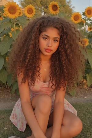 Generate a candid, stunning photo of an 18-year-old girl:

- Blending Black and Spanish heritage
- Fluffy curly brown hair (Type 4), lush and vibrant, long curly hair, middle part

Setting:

- Outside in a garden or park
- Sitting amidst sunflowers and grass
- Warm, natural lighting

Pose:

- Sitting with legs crossed or stretched out
- Leaning against a tree or sunflower
- Lying down in the grass, laughing

Expression:

- Sultry: intense gaze, parted lips
- Playful: giggling, hair toss
- Quirky: duck face, tongue-out

Outfit:

- Tie-dye romper, sneakers, layered necklaces
- Cropped denim jacket, white tee, high-waisted distressed shorts
- Floral maxi dress, sandals, statement earrings

Figure:

- Petite, 5’3”, 125lbs
- Average build

Style:

- Instagram-inspired, casual-chic
- Soft focus, warm filters, natural texture overlays