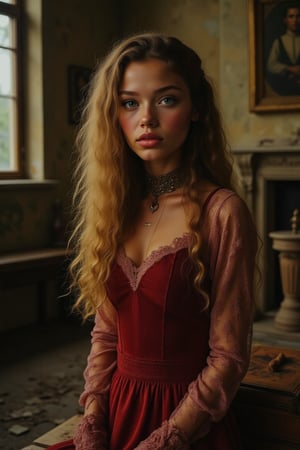 Capture a candid photo of a stunning 18-year-old girl, year-old petite teenager, young, youth, child, kid, blending white and Spanish heritage. She has long blonde wavy hair, Skin- fair, olive, green eyes, lush and vibrant, long curly hair

"A hauntingly beautiful vampire queen reigns supreme in a decrepit, ancient castle. Her piercing emerald eyes glow softly, illuminated by flickering candelabras and the faint moonlight filtering through stained glass windows.

Attire:

- Tattered, crimson velvet gown, with intricate lace and gold accents
- Delicate, bejeweled choker around her neck, featuring a gleaming ruby
- Long, raven-black hair cascades down her back, with subtle, glowing highlights

Setting:

- Crumbling castle, with cobweb-covered portraits and dusty tapestries
- Grand hall filled with shadows, candelabras, and ancient artifacts
- Hidden doorway behind her, leading to a dark, mysterious passageway

Intricate details:

- Subtle, glowing aura surrounding her, reflecting her supernatural power
- Tiny, shimmering bats flit around her head, like loyal companions
- Ancient, leather-bound book lies open on a nearby pedestal, revealing forbidden knowledge

Artistic style:

- Inspired by dark fantasy, Gothic horror, and Victorian-era mysticism
- Hyperrealistic, ultra-detailed, and luminous, with film grain texture
- Cinematic quality, sharp focus, and crystal clarity

Mood:

- Ominous, enchanting, and mystical, with a touch of supernatural allure