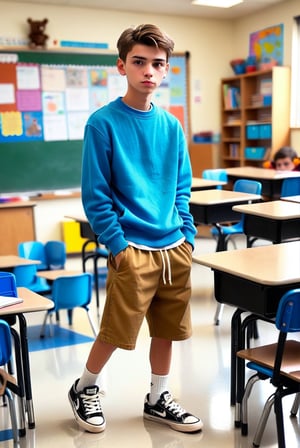1 boy, (21 years old), short hair, perfect hair, light skin, white, Italian brown, realism, cool, Nonchalant, school day, school boy, in class, full body, conservative, chad, chizzled, bad boy, thug, mean mug, mean face, Instagram, selfie, handsome, cool, masculine, hard, half body, innocent, happy, young, vibrant, cute, slender/slim body shape, normal size head, head that fits body, high quality, masterpiece , 3D, background of school
