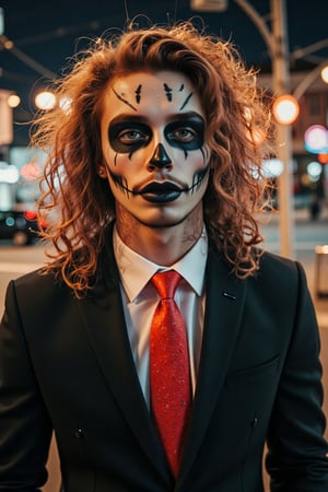 a close-up of an American male, white sclera, natural blonde curly curly hair, blonde hair, green eyes, emerald green eyes, skull makeup, black lipstick, muscular, toned male, abs, nose and eye brow piercing, black suit, red tie, horror_theme, posing, outdoors, night, scenery, a photorealistic, 8K, ultra-detailed, best quality, super fine illustration, detailed light, realistic lighting, symmetrical face paint, white and black,Handsome,smiling, mid long hair blonde,giaro,model