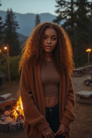 Generate an image of a stunning 18-year-old petite teenager, young, youth, child, kid, blending Black and Spanish heritage. She has fluffy curly golden brown hair, Type 4 hair, lush and vibrant, falling in loose waves down her back.

Setting:
- Outdoor: A serene mountain campsite at dusk, mountain view
- Soft, warm lighting with subtle shadows and twinkling string lights
- Tall trees surrounding a cozy clearing, with a crackling campfire and rustic wooden benches
- Camping gear and equipment subtly integrated into the scene

Physical Description:
- Fair skin with a subtle, sun-kissed glow
- Bright, expressive hazel eyes

Outfit:
- Comfortable, fall/autumn-toned fitted top (flannel or fleece)
- Practical leggings
- Warm, cozy cardigan 
- Sturdy hiking boots

Style:
-Effortless, coastal chic
- Confident, carefree, innocent pose

Mood:
- Serene, joyful, and radiant
- Capturing the essence of a relaxed summer afternoon
Inspired by singer Tyla's vibrant energy and style, create a breathtaking image that embodies beauty, elegance, and a laid-back coastal vibe.