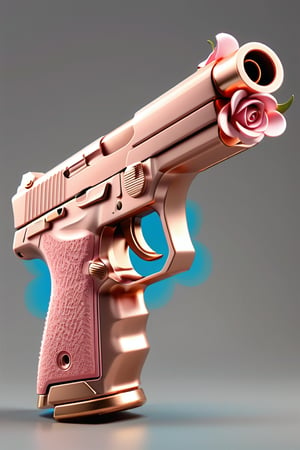 Clean Cartoon-brushstrokes Painting, crisp, simple, colored_lineart_illustration style, realistic, realism, 3D Cartoon, 3D Art, rose gold pink, p226 sig sauer pistol, gun, handgun, art, beautiful, gallery, 3D, colorful flowers, slide rose gold, grip rose gold, all rose gold