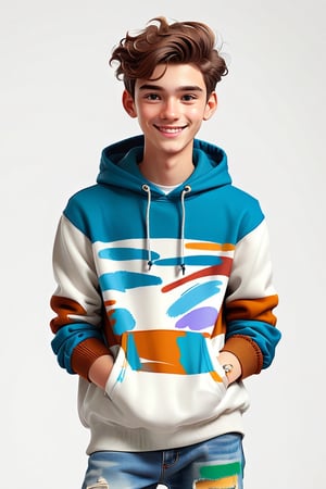 Clean Cartoon-brushstrokes Painting, crisp, simple, colored_lineart_illustration style, 1 boy, (21 years old), light skin, white, Italian brown, realism, cool, Nonchalant, full body, sweater, wind breaker, clothes, male model, pose, posing, photography, Instagram, selfie, smiling, , handsome, quirky, innocent, masculine, hard, innocent, whimsical, happy, young, vibrant, cute, slender/skinny body shape, normal size head, head that fits body, high quality, masterpiece ,3D