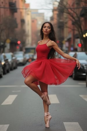 _Elegant Swan_

Capture a serene moment of a young ballerina posing en pointe in the heart of New York City.

_Scene:_

- Quiet Manhattan street (e.g., Upper East Side, Greenwich Village)
- Iconic NYC architecture or historic brownstones in the background
- Soft, natural lighting (early morning or late afternoon)

_Action:_

- 16-20 year old ballerina posing gracefully en pointe
- Wearing a sleek knee high flared ballet red dress 
- Pink pointe shoes with ribbons wrapped elegantly around her ankles

_Mood:_

- Elegant, ethereal beauty
- Poised, confident demeanor
- Timeless, ageless appeal

_Style:_

- Inspired by Jordan Matter's photography style (dramatic, dynamic, and emotive)
- Soft focus, subtle shadows
- Emphasis on graceful lines and movement

_Inspiration:_

- Jordan Matter's "Dancers Among Us" series
- Swan Lake
- NYC ballet companies
- Fine art photography,

Ariya,hazel eyes,deep dimples,golden brown skin,long wavy hair