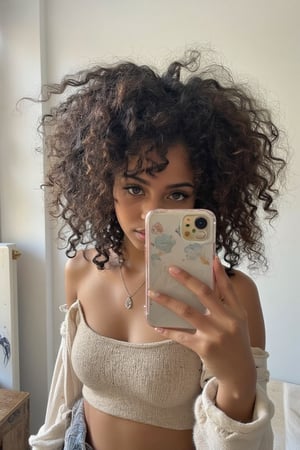 A beautiful young 16-20 years old blue eyed, golden brown skin spanish girl, mixed american spanish heritage girl with deep blue eyes and thick curly tamed curly afro hair. puerto rican girl, girl taking an instagram/Pinterest selfie in her room at her home, a very elegant girl wearing beige with a white backdrop of her home, sexy yet innocent,

iPhone Photography,sama,iPhone Photography,long hair,iPhone Photography,wavy hair,iPhone Photography,iPhone Photography,Amyra