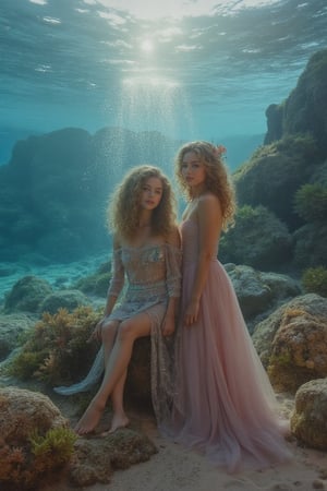 _Twinning Under the Sea and On Land_

Capture a whimsical scene featuring identical twin sisters 16-20 years old, as Ariel from The Little Mermaid. Short curly hair

_Scene:_

- Split-setting: underwater (oceanic background, coral, seaweed) and on land (coastal rocks, beach)
- Soft, dreamy lighting with pastel colors

_Characters:_

- Mermaid Ariel (one twin): Petite mermaid with tail sitting on a rock, shimmering tail, seashells, flowing locks, one fin
- Human Ariel (other twin): a petite Ariel huma  with a flowing gown, ocean-inspired accessories, standing next to the rock

_Action:_

- Mermaid Ariel emerging from the water or sitting on rocks, sitting on a rock in the ocean
- Human Ariel standing or sitting beside her twin, standing next to rock in the ocean
- above sea level,

_Mood:_

- Enchanting, mystical atmosphere
- Sisterly love, bonding, connecting
- having fun, relaxed, chilling 

_Style:_

- Inspired by Disney's The Little Mermaid
- Soft focus, ethereal textures
- Emphasis on twin bond and contrasting environments

_Inspiration:_

- Hans Christian Andersen's classic tale
- Disney's animated film
- Underwater and coastal photography,

SamSam, Samira, Samiya