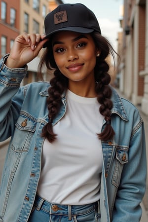 2 braids, fitted cap
Brown eyes shining, small button nose, small full lips
confident and bright
Petite, curvy, cool-girl stride
White shirt, loose jean jacket and loose jeans, denim, Levi,
Straight face, smiling with eyes,
Private citizen, beautiful form
Inspired by nyc female rapper boog the bandit
Lesbian
Light skin