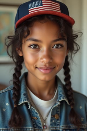 2 braids, fitted cap with American flag on front
Brown eyes shining, small button nose, small full lips
confident and bright
Petite, curvy, cool-girl stride
White shirt, loose dark blue distressed jean jacket and loose jeans, denim, Levi,
Straight face, smiling with eyes,
Private citizen, beautiful form
Inspired by nyc female rapper boog the bandit
Lesbian
Light skin
No make up