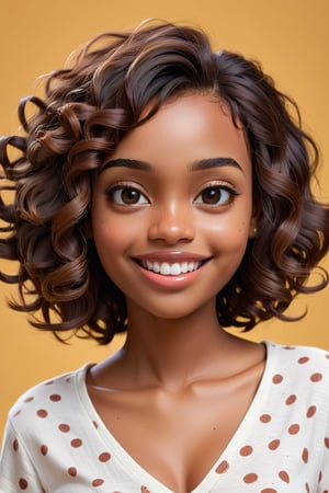 Clean Cartoon-brushstrokes Painting, crisp, simple, colored_lineart_illustration style, 1 girl, 3d cartoon, 3d, cartoon realism, realistic, realism, smiling , (21 years old), melanated female, brown skin, darker skin, black American chocolate skin, chocolate girl, milk chocolate skin, brown skin and cheek freckles, edges, type 4 hair, curly hair, medium hair, boxy triangle face, break girl, square head, square face, square forehead, boxy head, slim chin, petite plump lips, rosey cheeks with freckles, realism, v-neck shirt, cleavage cutout, cleavage, B cup size, small breast, medium density, short hair, square chin, long head, long face, slinder face, petite face, slim face, sunken in cheeks, profound jaw line, line in jaw, structured jaw, deep Jaw line, defined jaw line, cheekbones, feminine face, perfect smile, straight teeth, brown on brown hair, quirky, dimples, innocent, feminine, soft, facial freckles, freckles on face, whimsical, young, vibrant, adorable, slender/petite body shape, normal size head, head that fits body, high quality, masterpiece ,3D