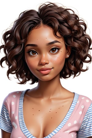 Clean Cartoon-brushstrokes Painting, crisp, simple, colored_lineart_illustration style, 1 woman, (21 years old), melanated female, brown skin, do you know what a black girl looks like? chocolate skin, chocolate girl, dark skin, type 4 hair, curly hair, realism, v-neck shirt, cleavage cutout, cleavage, B cup size, small breast, medium density, short hair, square chin, slinder face, petite face, slim face, small mouth, small smile, plump lips, sunken in cheeks, longer more boxy head, jaw line, brown on brown hair, quirky, dimples, innocent, feminine, soft, freckles, whimsical, young, vibrant, adorable, slender/petite body shape, normal size head, head that fits body, high quality, masterpiece ,3D