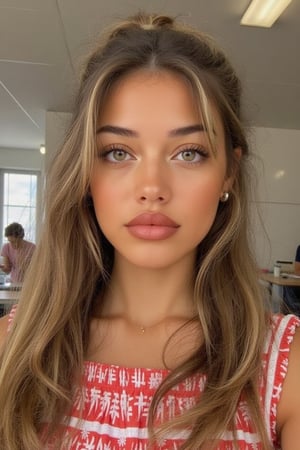 Generate a radiant, hyper-realistic portrait of a stunning teenager at a bright school: - Heart-shaped face with a feminine structured rosy red jawline - Green eyes, fair, olive skin- natural Blonde hair (loose, wavy, curled and vibrant) - Rosy red lips (plump and inviting) - Freckled cheeks (scattered across her nose and upper cheeks) - Button nose (small and adorable) - Almond-shaped eyes (slightly tilted upwards) - Porcelain-like skin with a subtle golden glow - Thick, long, wavy blonde hair, natural blonde (waist-length) in a ponytail - Luscious curls, soft natural texture - Sparkling eyes directly at the camera Physique: - 5'3", 125 lbs, 34" waist, B-cup bust - Proportionate, fit body Outfit: - school uniform, skirt,  Bright red and white - Cute, teenage, normal girl design,green eyes,long wavy hair,Sam,sama