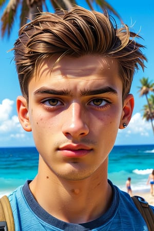 1 boy, (21 years old), short hair, perfect hair, light skin, white, Italian brown, realism, cool, Nonchalant, beach day, trunks, conservative, chad, chizzled, bad boy, thug, mean mug, mean face, Instagram, selfie, handsome, cool, masculine, hard, innocent, happy, young, vibrant, cute, slender/slim body shape, normal size head, head that fits body, high quality, masterpiece , 3D, background of school