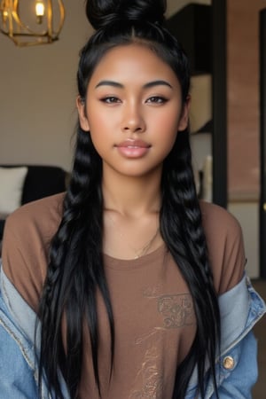 Create a stunning portrait of an 18-year-old mixed-heritage girl, blending South African and Japanese roots:

- Chilling, hanging out at home, in a coffee shop with her laptop
- Cinnamon, Mocca brown skin with subtle sheen
- Almond-shaped asian eyes, full lips, small button nose, small petite nose, braces, 
- Structured cheek bones, feminine features, 
- Long straight hair in two braids, all hair in braids, light hair out on the side
- Petite, toned physique (5'3", 125 lbs, 34" waist) head fits body, realistic body
- Asian swag, baggy clothes, brown shirt with a denim jean jacket
- Minimal makeup, natural glow
- Confident pose, bright smile, pearly white teeth

Capture her essence: American girl, mixed race, beautiful blend."

Realistic, photo real, photo realistic, real,