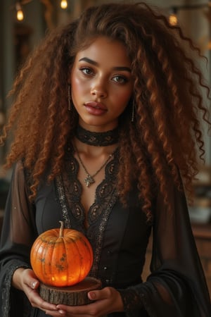 Capture a candid photo of a stunning 18-year-old girl, year-old petite teenager, young, youth, child, kid, blending Black and Spanish heritage. She has fluffy curly brown hair, Type 4 hair, lush and vibrant, long curly hair, middle part. Fashionable style with a mix of innocence and edge Halloween hot Witch Prompt: Embodying the spirit of a modern, edgy witch, sweet nice witch for Halloween. Wearing red and black. casts a spell of allure at a mystical, autumnal setting, pumpkins, holiday white lights and Halloween theme. Clad in a flowy black dress witch costume with subtle lace details, chunky boots, and statement witchy accessories. Her afro curls are adorned with subtle, glittering silver threads, while bold, smoky eyes and dark lip color add to her enchanting gaze. A sprinkle of freckles across her cheeks and nose adds a touch of whimsy. Pose inspirations: - Gazing into a glowing crystal ball - standing atop a mystical, ancient tome - Conjuring magic with a wand Style influences: - Dark, moody aesthetics with pops of autumnal color - Witchy, mystical symbols and textures - Edgy, avant-garde fashion with a touch of elegance.
*Figure*
-Average
5’3”, 115lbs